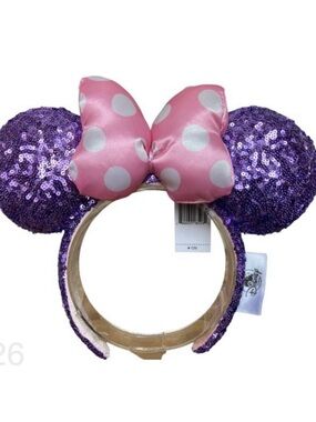 Disney Parks Minnie Mouse Purple Sequin Ears Pink Puffy Polka Dot Bow